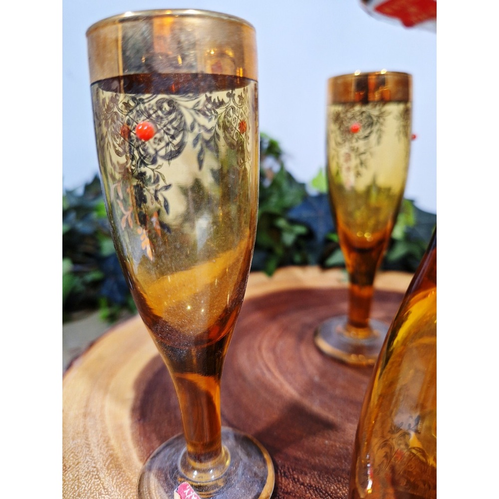 Very Rare Set of 4 Vintage Gold and Beaded Stem Cordial Liqueur glasses Carnival - Picture 6 of 10